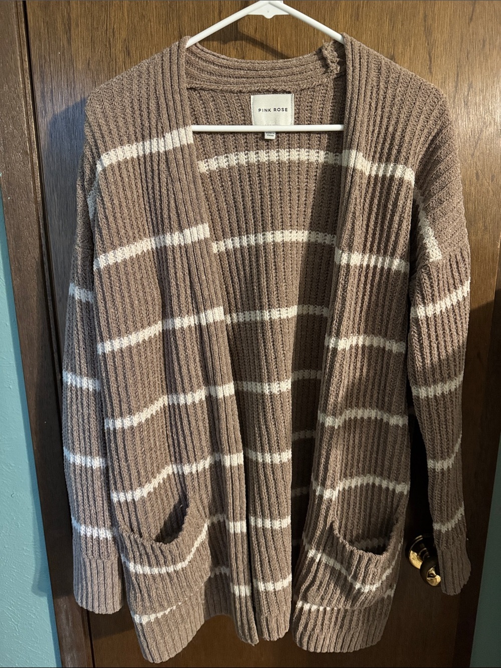 Pink Rose Taupe & White Striped Open-Front Cardigan